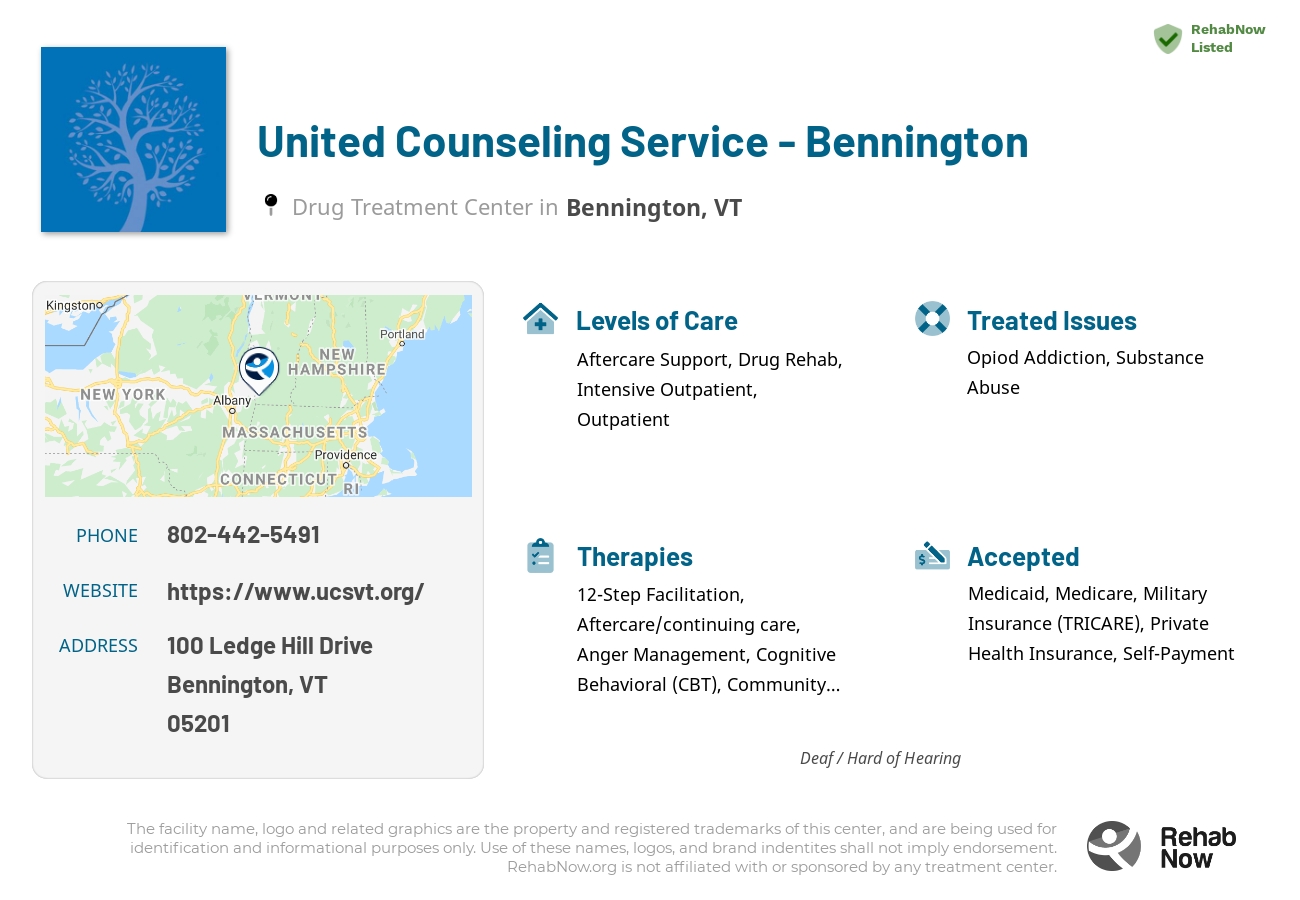 Helpful reference information for United Counseling Service - Bennington, a drug treatment center in Vermont located at: 100 Ledge Hill Drive, Bennington, VT 05201, including phone numbers, official website, and more. Listed briefly is an overview of Levels of Care, Therapies Offered, Issues Treated, and accepted forms of Payment Methods.