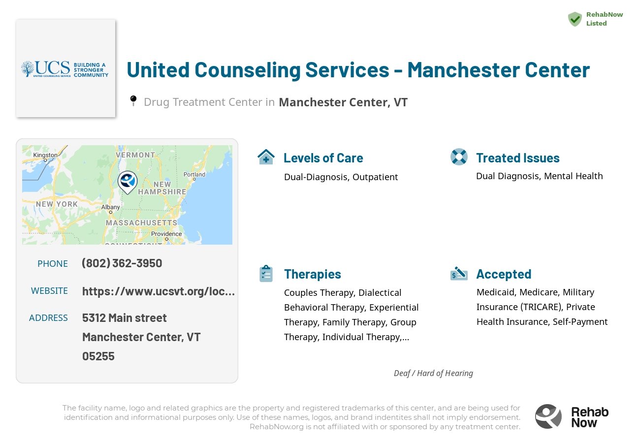 Helpful reference information for United Counseling Services - Manchester Center, a drug treatment center in Vermont located at: 5312 5312 Main street, Manchester Center, VT 05255, including phone numbers, official website, and more. Listed briefly is an overview of Levels of Care, Therapies Offered, Issues Treated, and accepted forms of Payment Methods.