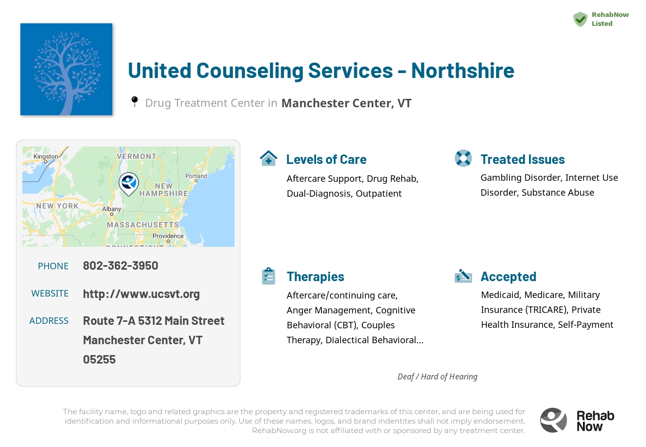 Helpful reference information for United Counseling Services - Northshire, a drug treatment center in Vermont located at: Route 7-A 5312 Main Street, Manchester Center, VT 05255, including phone numbers, official website, and more. Listed briefly is an overview of Levels of Care, Therapies Offered, Issues Treated, and accepted forms of Payment Methods.