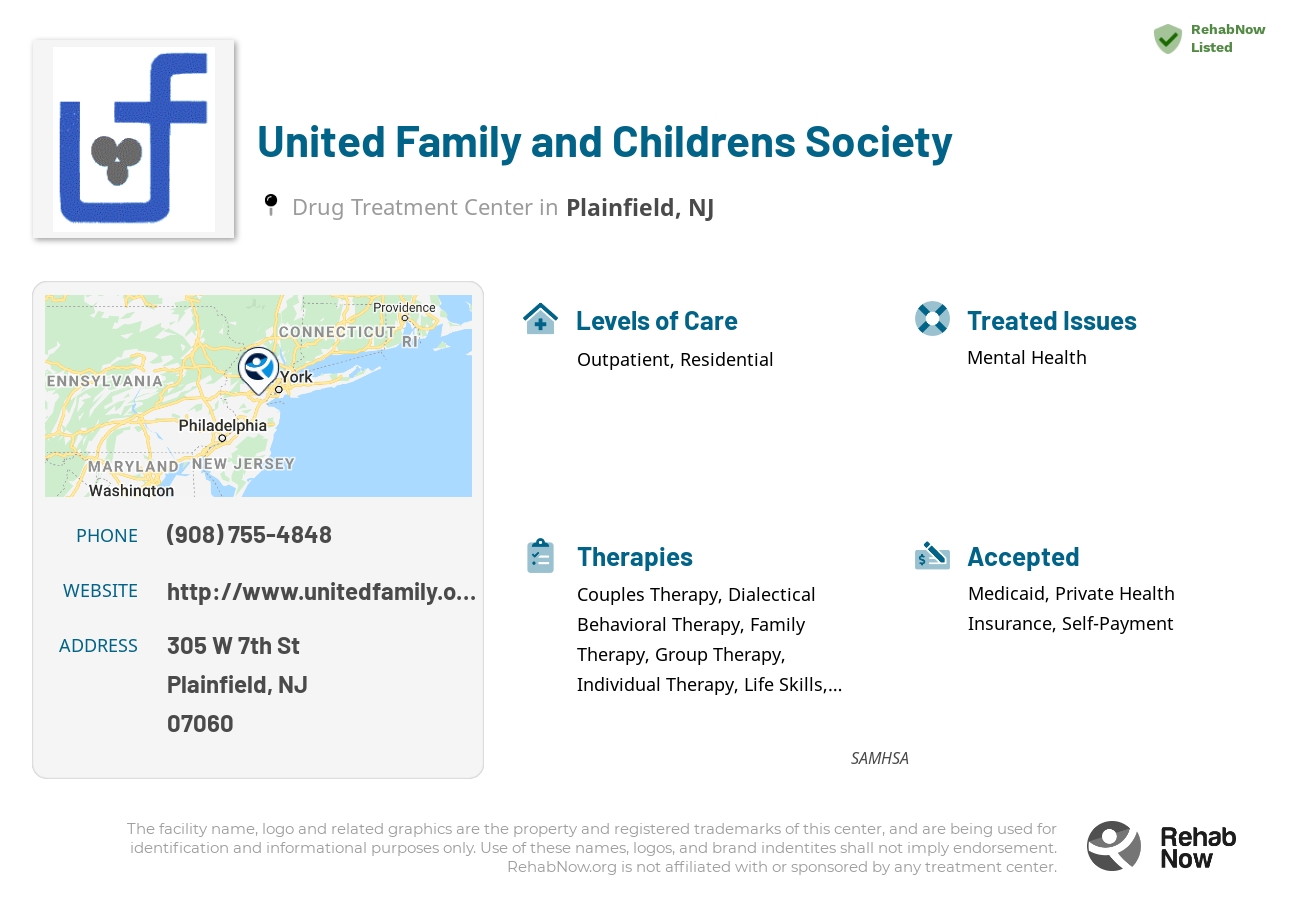 Helpful reference information for United Family and Childrens Society, a drug treatment center in New Jersey located at: 305 W 7th St, Plainfield, NJ 07060, including phone numbers, official website, and more. Listed briefly is an overview of Levels of Care, Therapies Offered, Issues Treated, and accepted forms of Payment Methods.