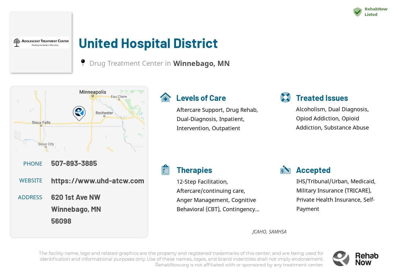 Helpful reference information for United Hospital District, a drug treatment center in Minnesota located at: 620 1st Ave NW, Winnebago, MN 56098, including phone numbers, official website, and more. Listed briefly is an overview of Levels of Care, Therapies Offered, Issues Treated, and accepted forms of Payment Methods.