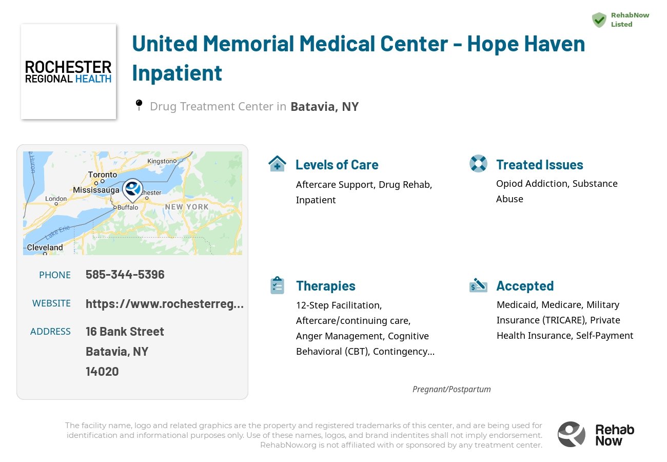 Helpful reference information for United Memorial Medical Center - Hope Haven Inpatient, a drug treatment center in New York located at: 16 Bank Street, Batavia, NY 14020, including phone numbers, official website, and more. Listed briefly is an overview of Levels of Care, Therapies Offered, Issues Treated, and accepted forms of Payment Methods.
