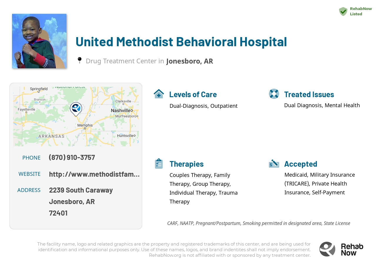 Helpful reference information for United Methodist Behavioral Hospital, a drug treatment center in Arkansas located at: 2239 South Caraway, Jonesboro, AR, 72401, including phone numbers, official website, and more. Listed briefly is an overview of Levels of Care, Therapies Offered, Issues Treated, and accepted forms of Payment Methods.