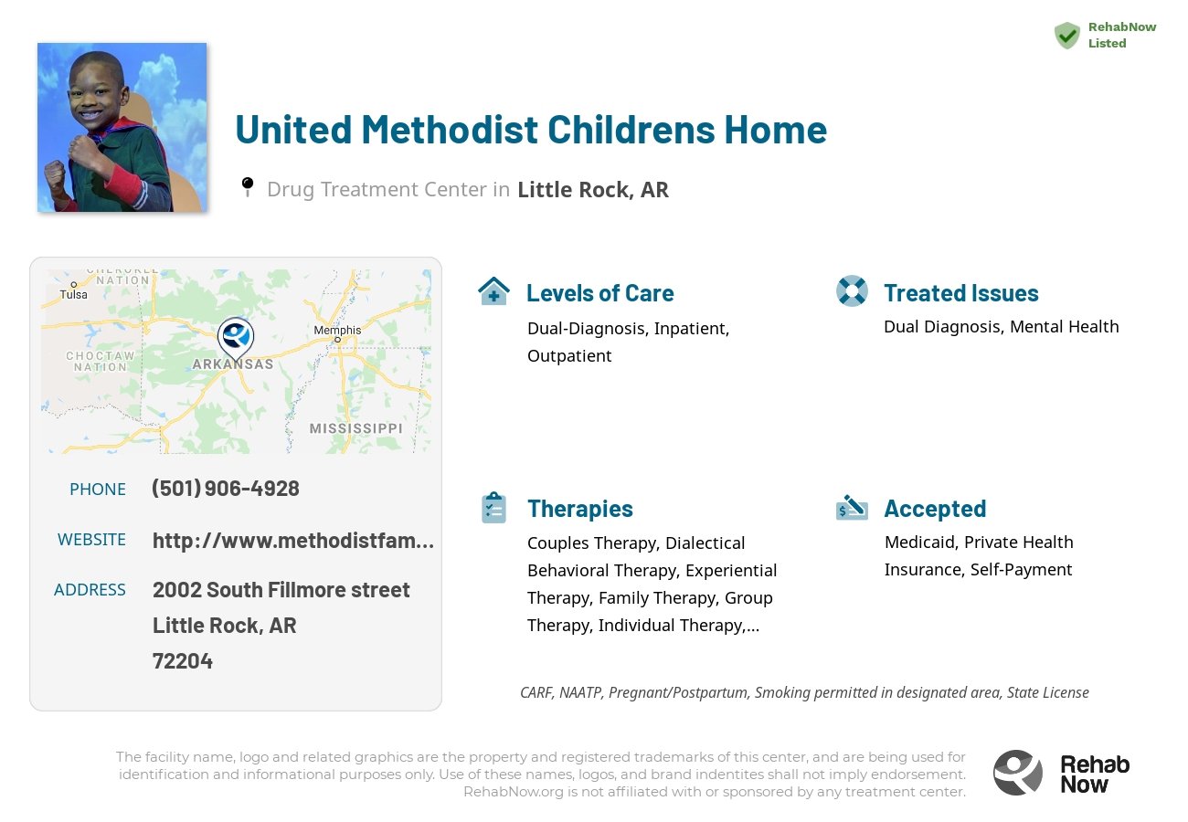 Helpful reference information for United Methodist Childrens Home, a drug treatment center in Arkansas located at: 2002 South Fillmore street, Little Rock, AR, 72204, including phone numbers, official website, and more. Listed briefly is an overview of Levels of Care, Therapies Offered, Issues Treated, and accepted forms of Payment Methods.