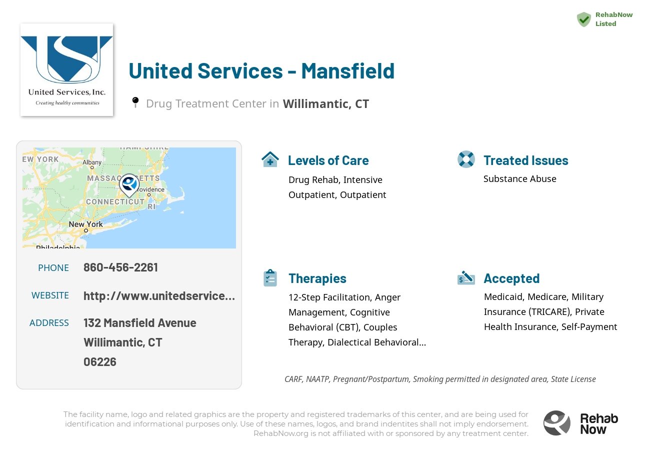 Helpful reference information for United Services - Mansfield, a drug treatment center in Connecticut located at: 132 Mansfield Avenue, Willimantic, CT 06226, including phone numbers, official website, and more. Listed briefly is an overview of Levels of Care, Therapies Offered, Issues Treated, and accepted forms of Payment Methods.