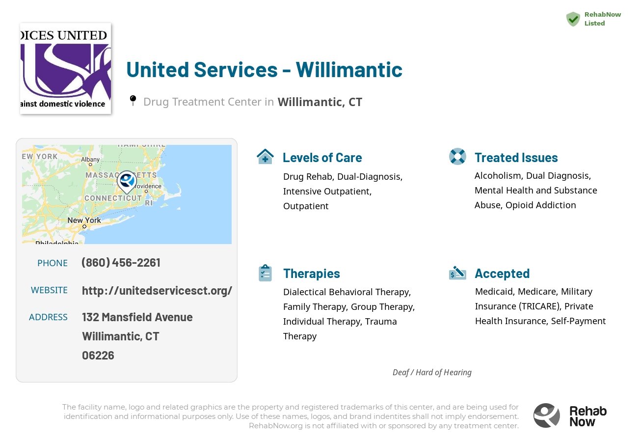 Helpful reference information for United Services - Willimantic, a drug treatment center in Connecticut located at: 132 Mansfield Avenue, Willimantic, CT, 06226, including phone numbers, official website, and more. Listed briefly is an overview of Levels of Care, Therapies Offered, Issues Treated, and accepted forms of Payment Methods.