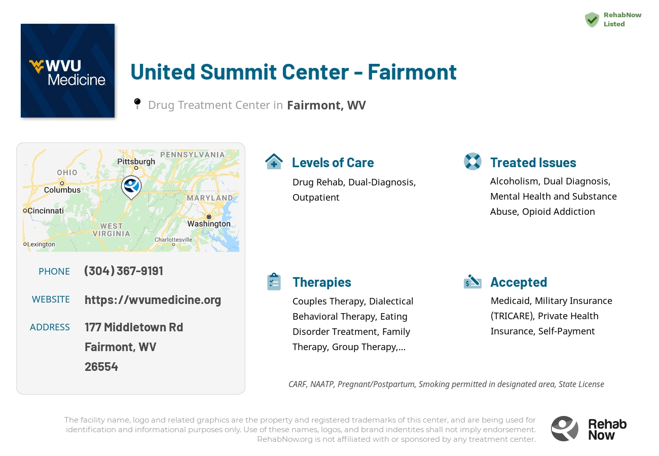 Helpful reference information for United Summit Center - Fairmont, a drug treatment center in West Virginia located at: 177 Middletown Rd, Fairmont, WV 26554, including phone numbers, official website, and more. Listed briefly is an overview of Levels of Care, Therapies Offered, Issues Treated, and accepted forms of Payment Methods.
