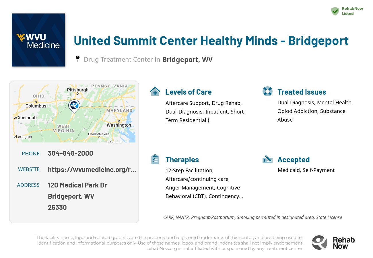 Helpful reference information for United Summit Center Healthy Minds - Bridgeport, a drug treatment center in West Virginia located at: 120 Medical Park Dr, Bridgeport, WV 26330, including phone numbers, official website, and more. Listed briefly is an overview of Levels of Care, Therapies Offered, Issues Treated, and accepted forms of Payment Methods.