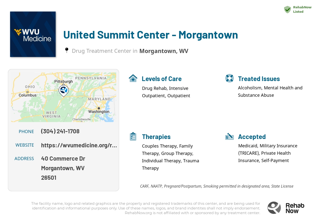Helpful reference information for United Summit Center - Morgantown, a drug treatment center in West Virginia located at: 40 Commerce Dr, Morgantown, WV, 26501, including phone numbers, official website, and more. Listed briefly is an overview of Levels of Care, Therapies Offered, Issues Treated, and accepted forms of Payment Methods.