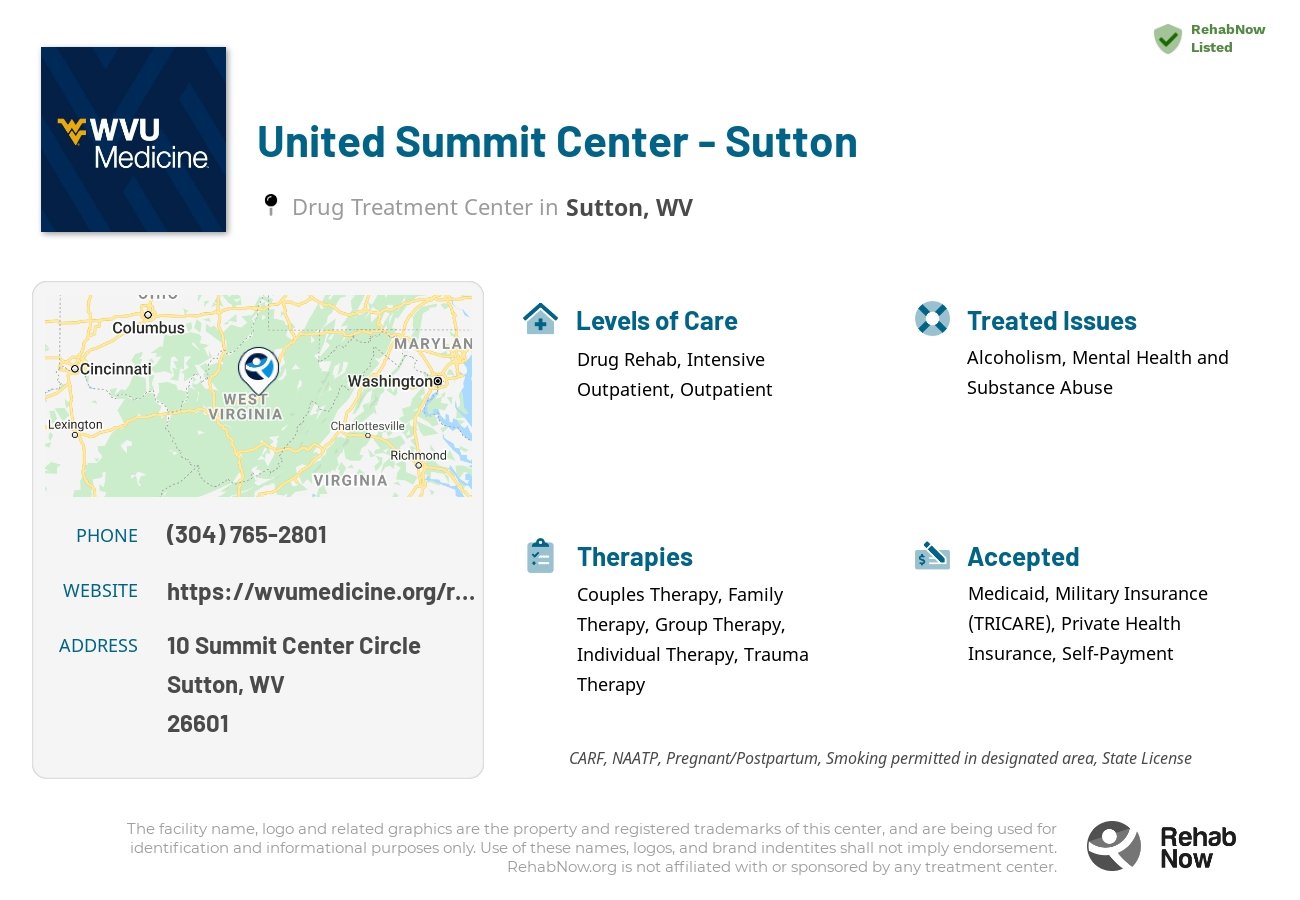 Helpful reference information for United Summit Center - Sutton, a drug treatment center in West Virginia located at: 10 Summit Center Circle, Sutton, WV, 26601, including phone numbers, official website, and more. Listed briefly is an overview of Levels of Care, Therapies Offered, Issues Treated, and accepted forms of Payment Methods.