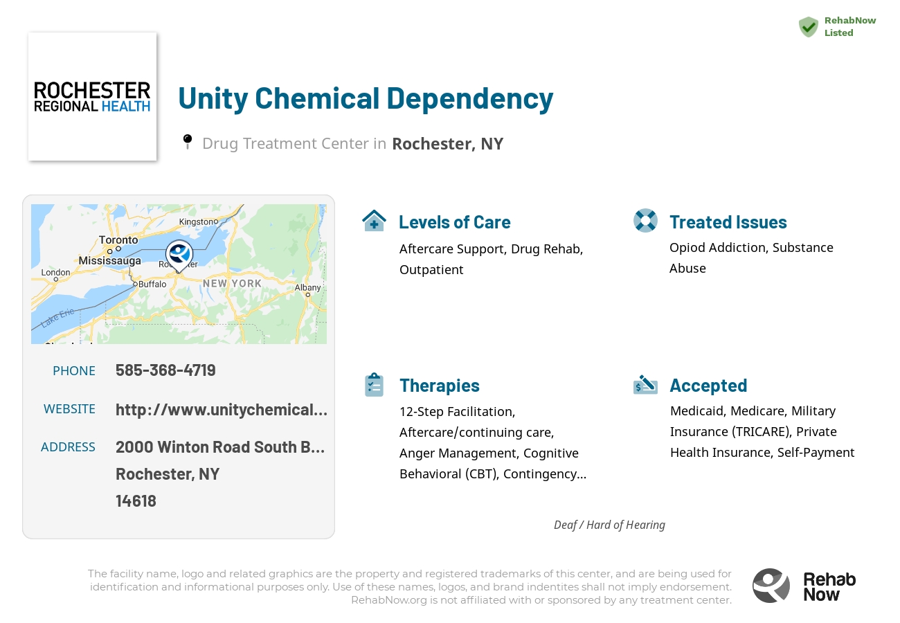 Helpful reference information for Unity Chemical Dependency, a drug treatment center in New York located at: 2000 Winton Road South Building 2, Rochester, NY 14618, including phone numbers, official website, and more. Listed briefly is an overview of Levels of Care, Therapies Offered, Issues Treated, and accepted forms of Payment Methods.
