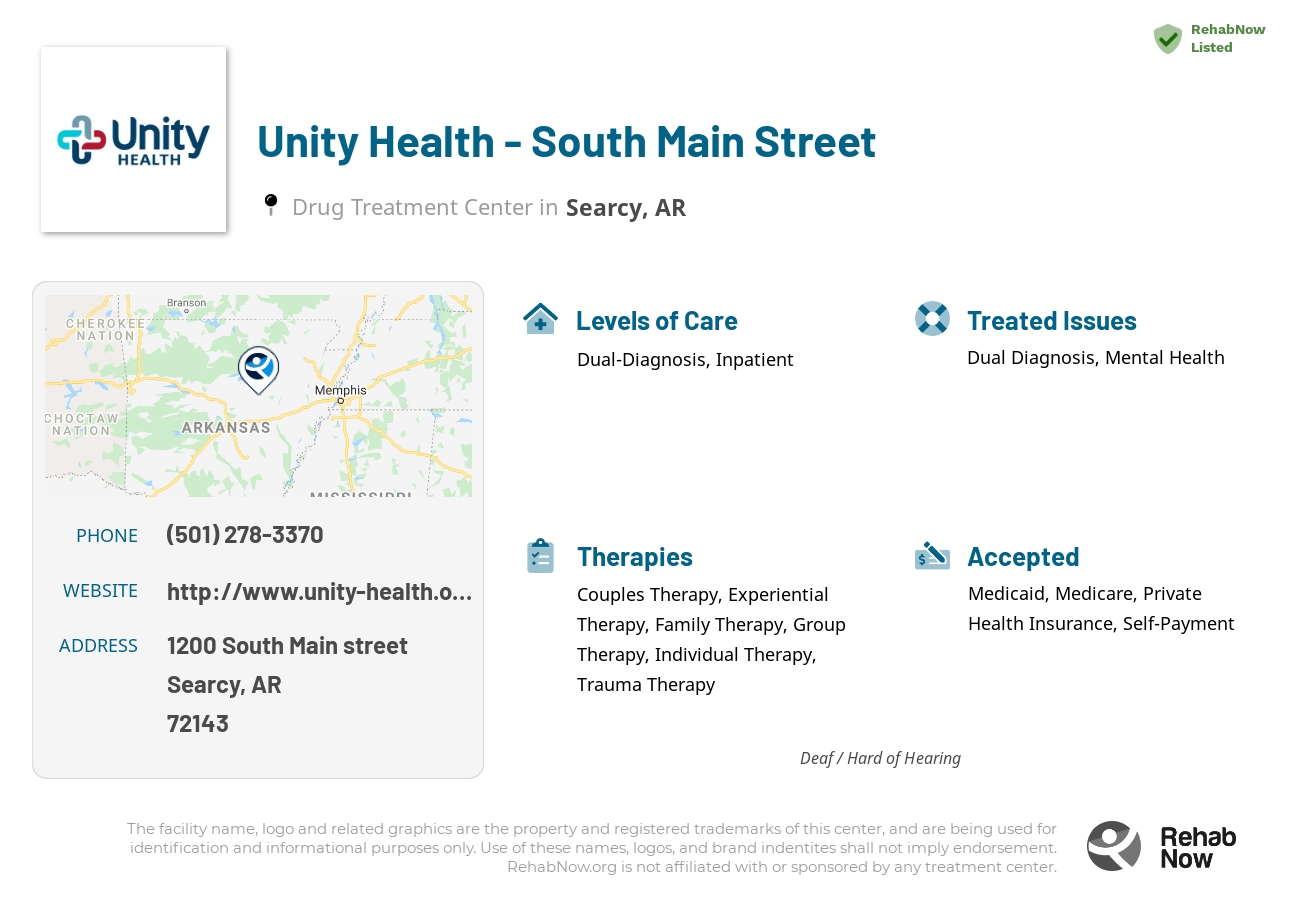 Helpful reference information for Unity Health - South Main Street, a drug treatment center in Arkansas located at: 1200 South Main street, Searcy, AR, 72143, including phone numbers, official website, and more. Listed briefly is an overview of Levels of Care, Therapies Offered, Issues Treated, and accepted forms of Payment Methods.