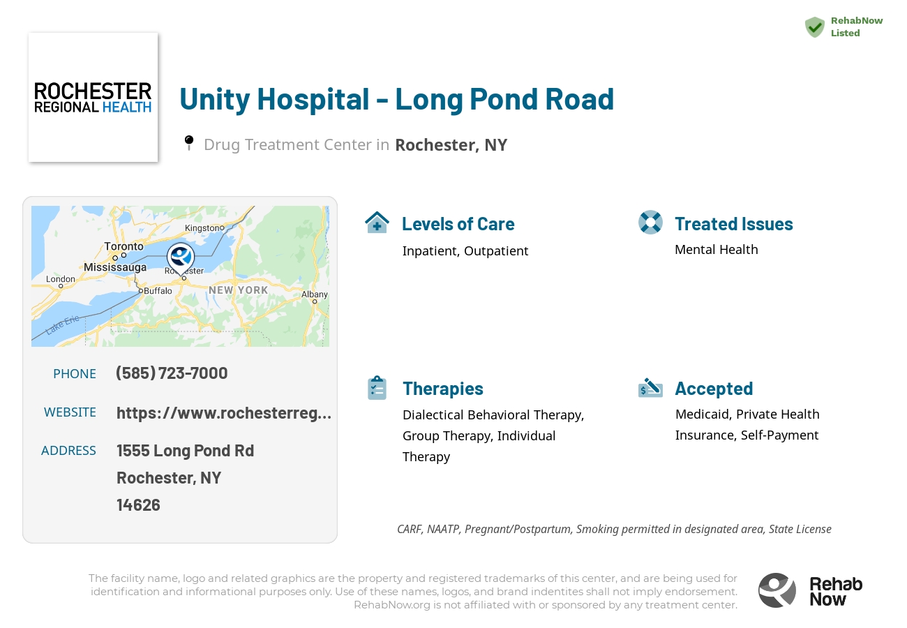 Helpful reference information for Unity Hospital - Long Pond Road, a drug treatment center in New York located at: 1555 Long Pond Rd, Rochester, NY 14626, including phone numbers, official website, and more. Listed briefly is an overview of Levels of Care, Therapies Offered, Issues Treated, and accepted forms of Payment Methods.