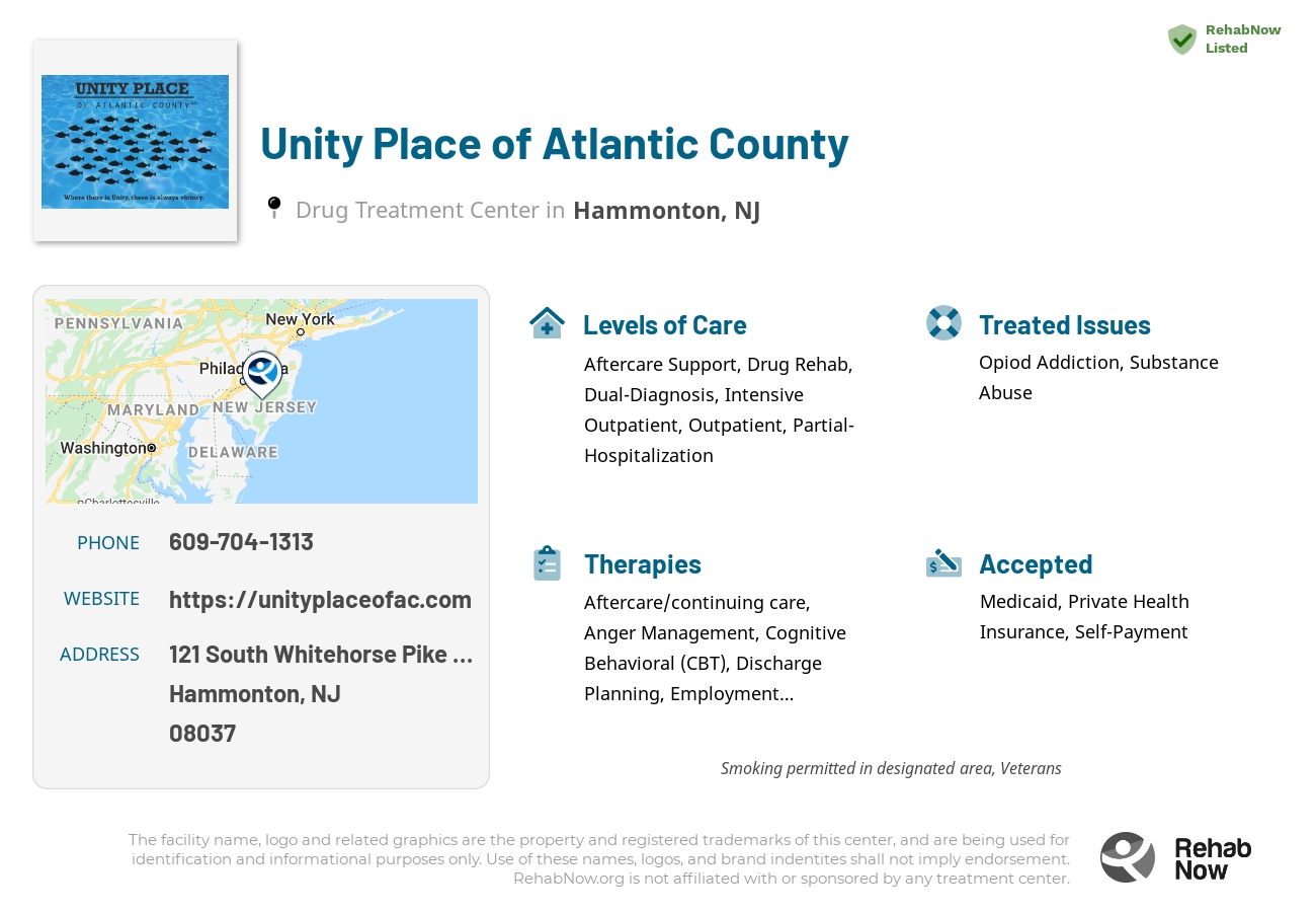 Helpful reference information for Unity Place of Atlantic County, a drug treatment center in New Jersey located at: 121 South Whitehorse Pike Suite A, Hammonton, NJ 08037, including phone numbers, official website, and more. Listed briefly is an overview of Levels of Care, Therapies Offered, Issues Treated, and accepted forms of Payment Methods.