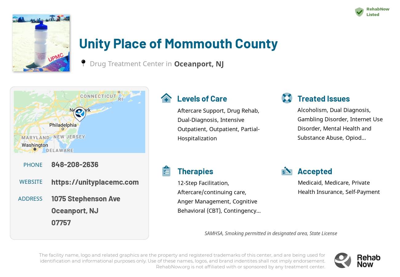 Helpful reference information for Unity Place of Mommouth County, a drug treatment center in New Jersey located at: 1075 Stephenson Ave, Oceanport, NJ 07757, including phone numbers, official website, and more. Listed briefly is an overview of Levels of Care, Therapies Offered, Issues Treated, and accepted forms of Payment Methods.
