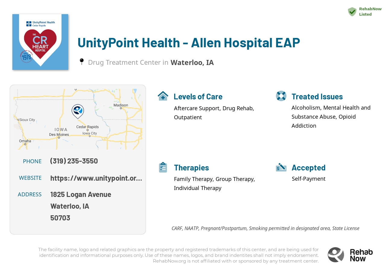 Helpful reference information for UnityPoint Health - Allen Hospital EAP, a drug treatment center in Iowa located at: 1825 Logan Avenue, Waterloo, IA, 50703, including phone numbers, official website, and more. Listed briefly is an overview of Levels of Care, Therapies Offered, Issues Treated, and accepted forms of Payment Methods.