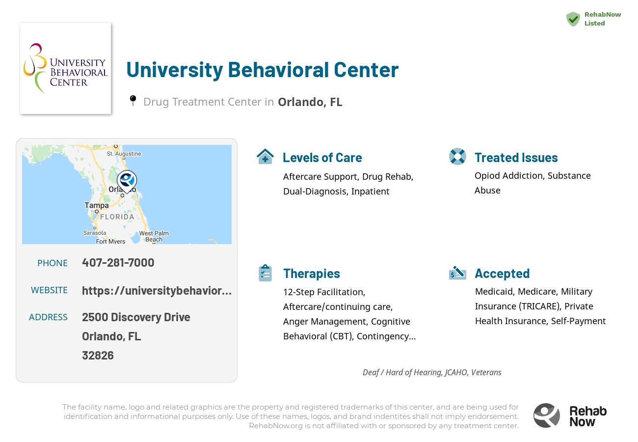 Helpful reference information for University Behavioral Center, a drug treatment center in Florida located at: 2500 Discovery Drive, Orlando, FL, 32826, including phone numbers, official website, and more. Listed briefly is an overview of Levels of Care, Therapies Offered, Issues Treated, and accepted forms of Payment Methods.