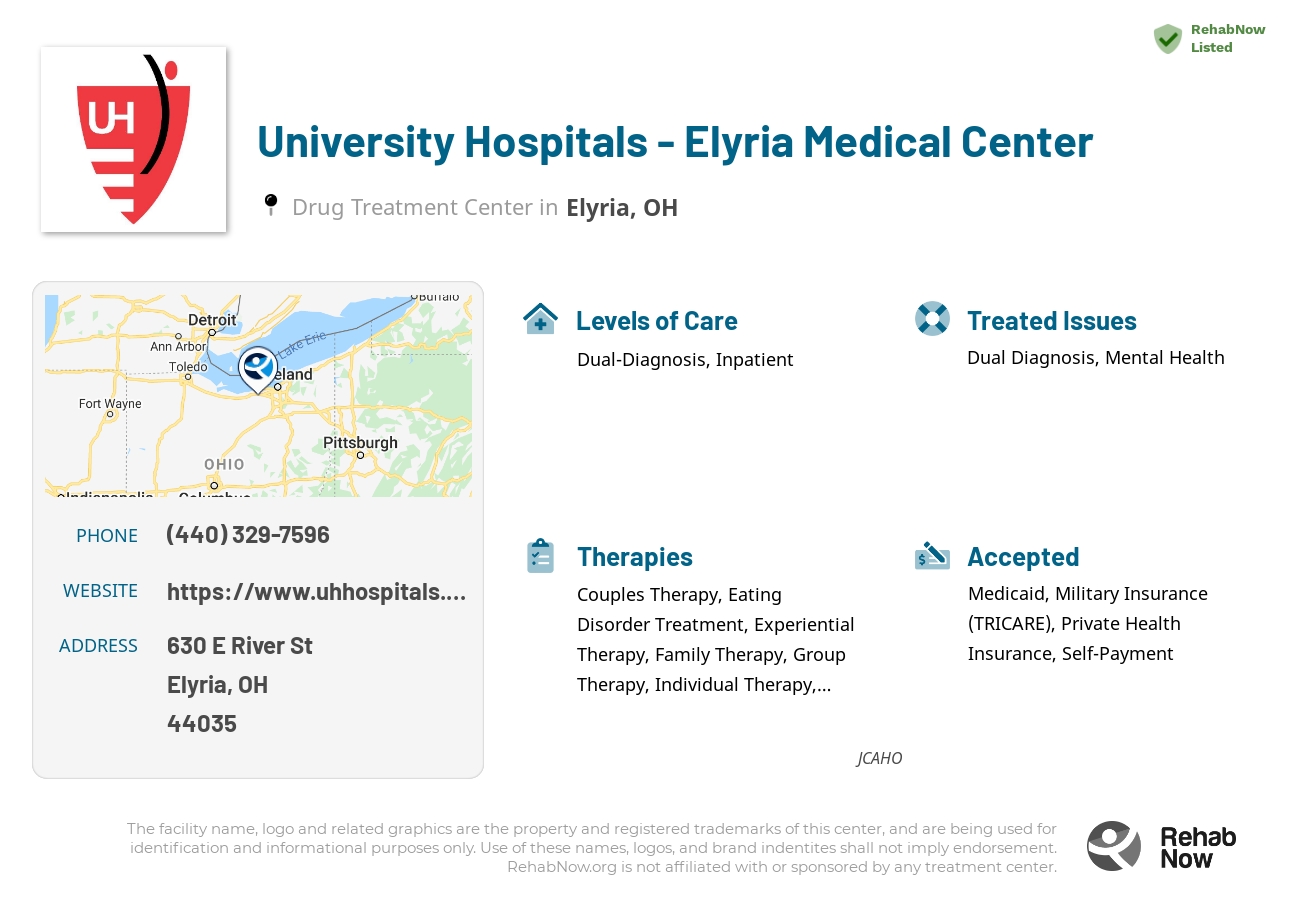 Helpful reference information for University Hospitals - Elyria Medical Center, a drug treatment center in Ohio located at: 630 E River St, Elyria, OH 44035, including phone numbers, official website, and more. Listed briefly is an overview of Levels of Care, Therapies Offered, Issues Treated, and accepted forms of Payment Methods.