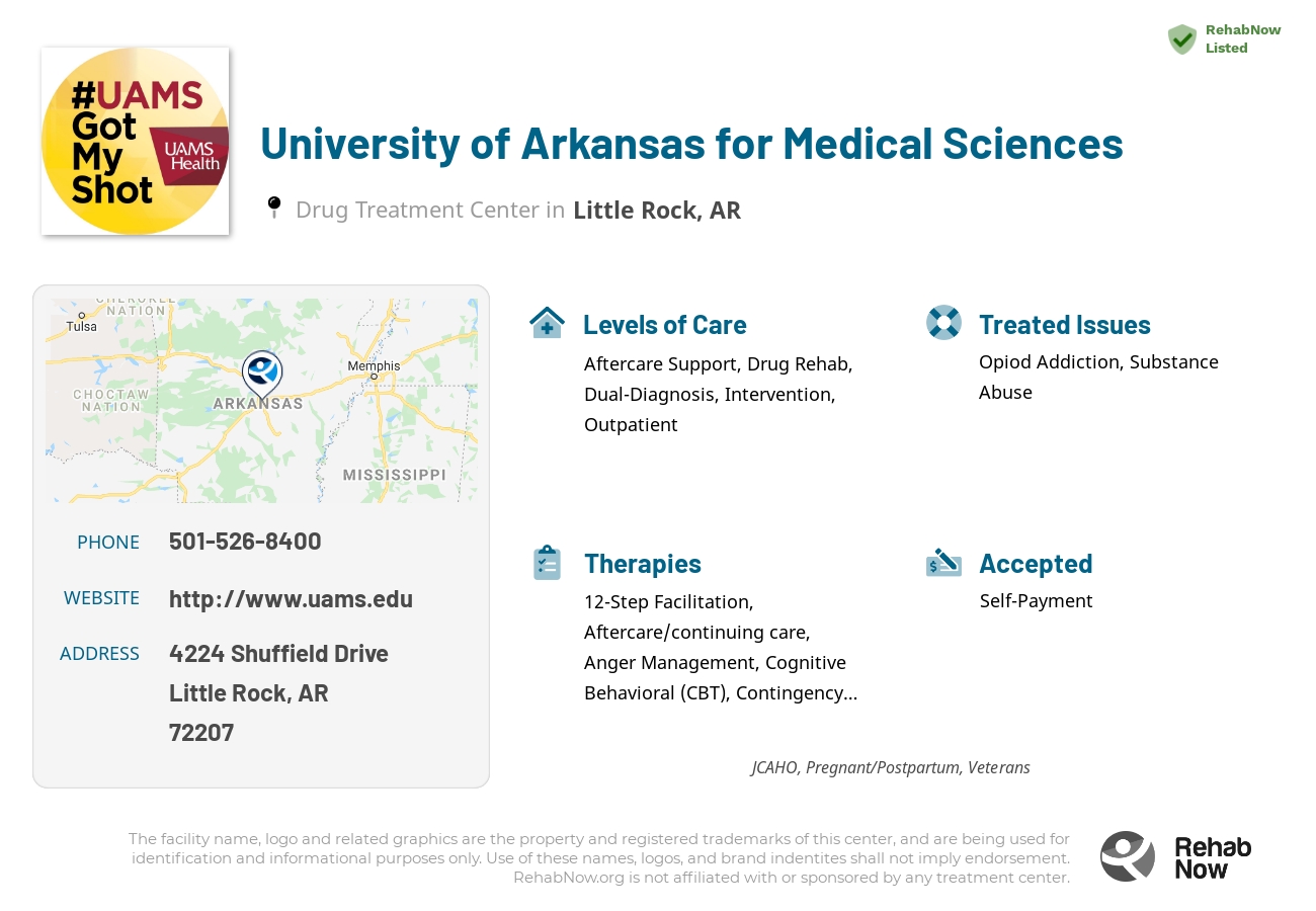 Helpful reference information for University of Arkansas for Medical Sciences, a drug treatment center in Arkansas located at: 4224 Shuffield Drive, Little Rock, AR 72207, including phone numbers, official website, and more. Listed briefly is an overview of Levels of Care, Therapies Offered, Issues Treated, and accepted forms of Payment Methods.