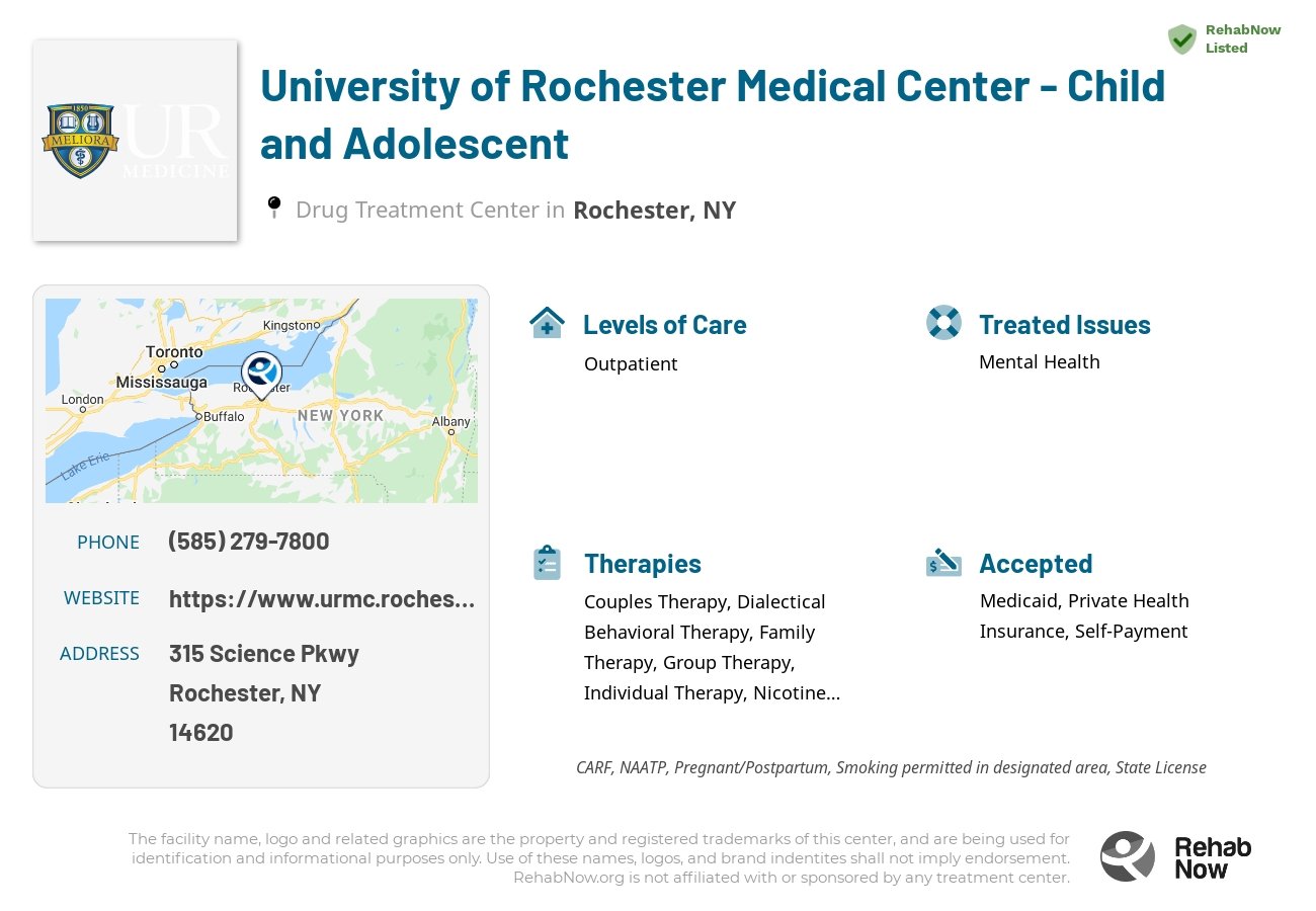 Helpful reference information for University of Rochester Medical Center - Child and Adolescent, a drug treatment center in New York located at: 315 Science Pkwy, Rochester, NY 14620, including phone numbers, official website, and more. Listed briefly is an overview of Levels of Care, Therapies Offered, Issues Treated, and accepted forms of Payment Methods.