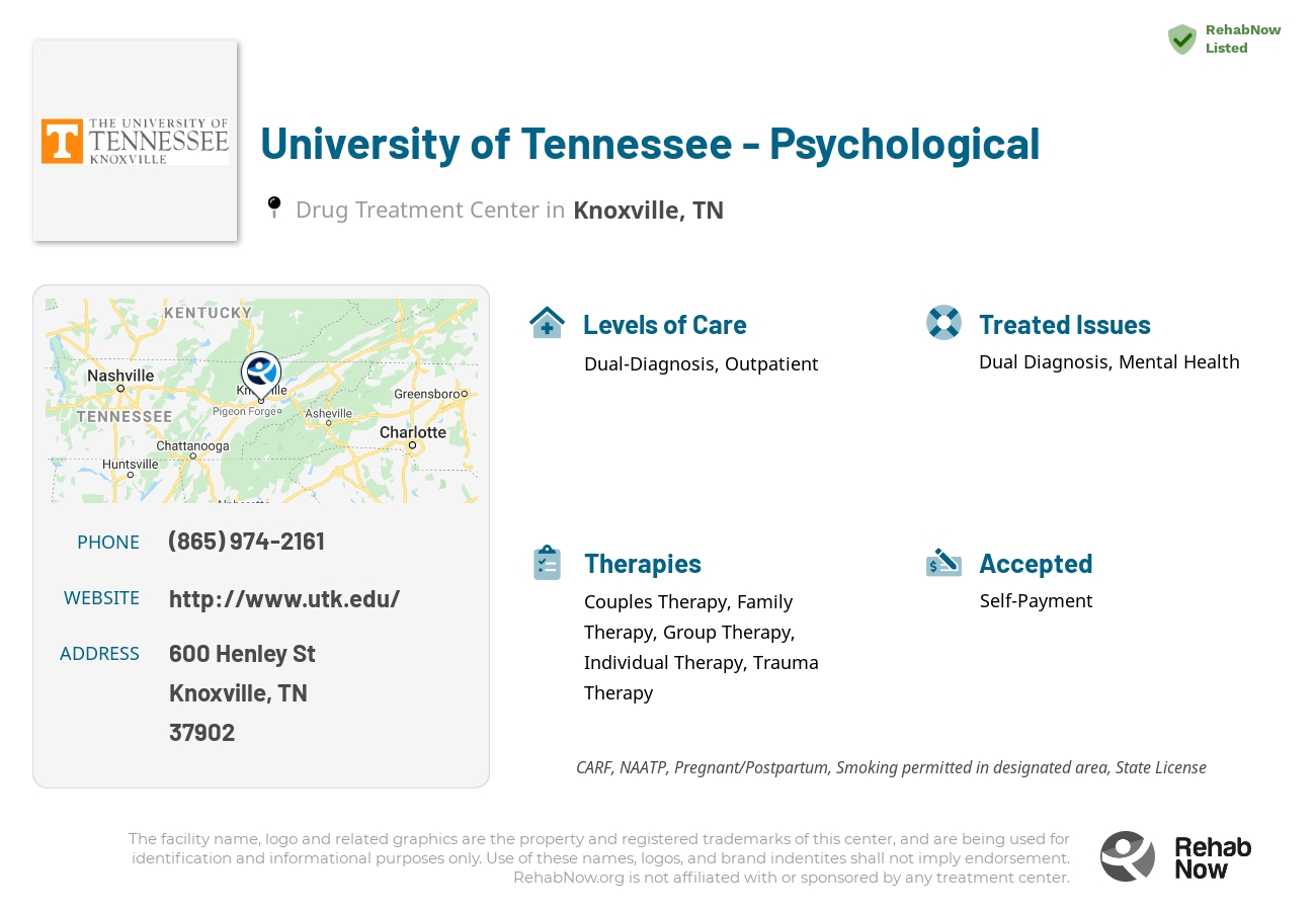 Helpful reference information for University of Tennessee - Psychological, a drug treatment center in Tennessee located at: 600 Henley St, Knoxville, TN 37902, including phone numbers, official website, and more. Listed briefly is an overview of Levels of Care, Therapies Offered, Issues Treated, and accepted forms of Payment Methods.