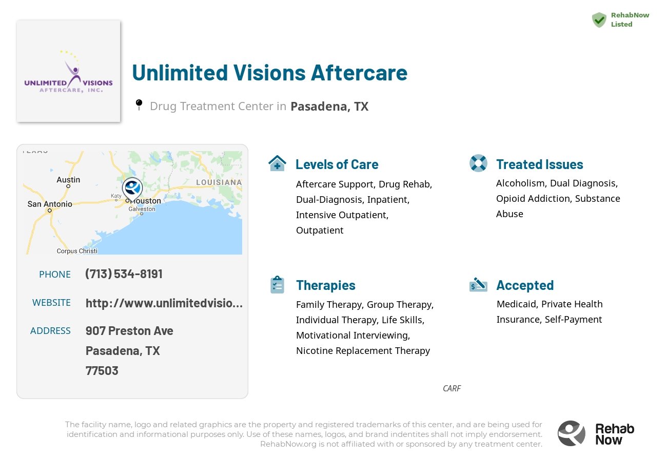 Helpful reference information for Unlimited Visions Aftercare, a drug treatment center in Texas located at: 907 Preston Ave, Pasadena, TX 77503, including phone numbers, official website, and more. Listed briefly is an overview of Levels of Care, Therapies Offered, Issues Treated, and accepted forms of Payment Methods.