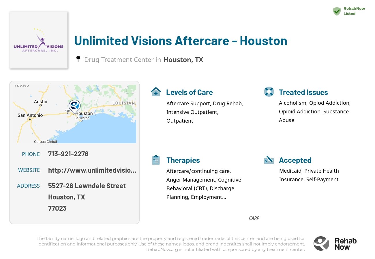 Helpful reference information for Unlimited Visions Aftercare - Houston, a drug treatment center in Texas located at: 5527-28 Lawndale Street, Houston, TX, 77023, including phone numbers, official website, and more. Listed briefly is an overview of Levels of Care, Therapies Offered, Issues Treated, and accepted forms of Payment Methods.