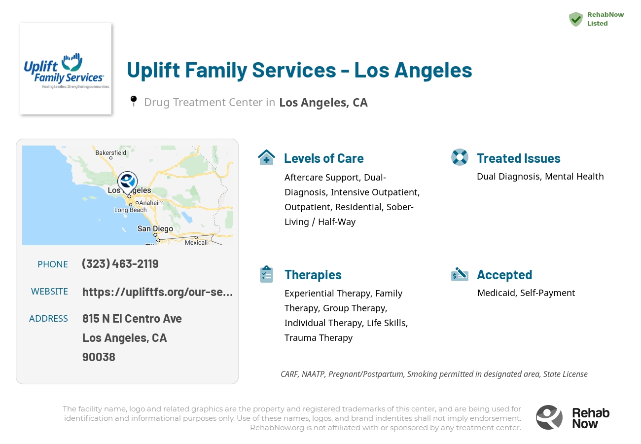 Helpful reference information for Uplift Family Services - Los Angeles, a drug treatment center in California located at: 815 N El Centro Ave, Los Angeles, CA 90038, including phone numbers, official website, and more. Listed briefly is an overview of Levels of Care, Therapies Offered, Issues Treated, and accepted forms of Payment Methods.