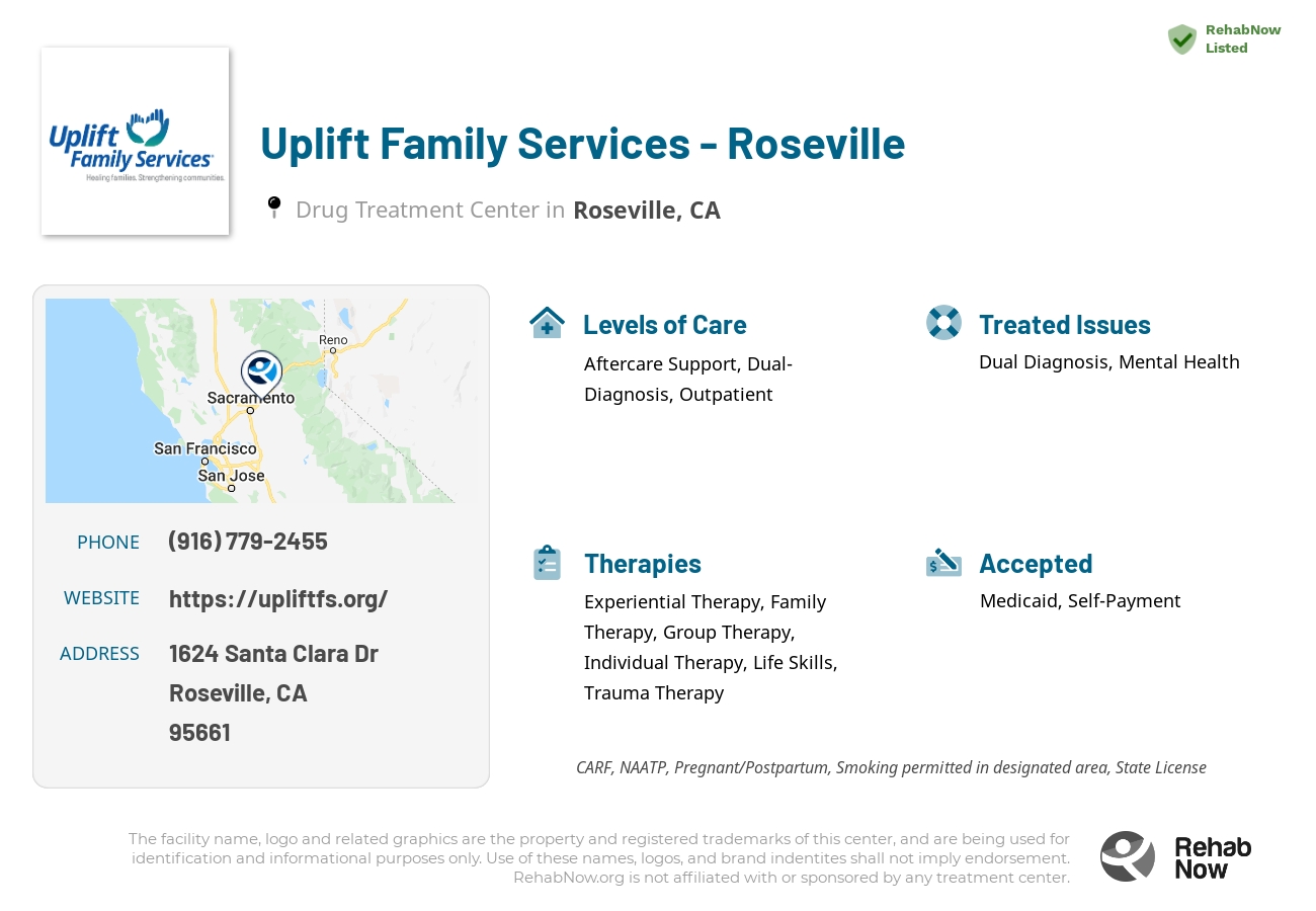 Helpful reference information for Uplift Family Services - Roseville, a drug treatment center in California located at: 1624 Santa Clara Dr, Roseville, CA 95661, including phone numbers, official website, and more. Listed briefly is an overview of Levels of Care, Therapies Offered, Issues Treated, and accepted forms of Payment Methods.