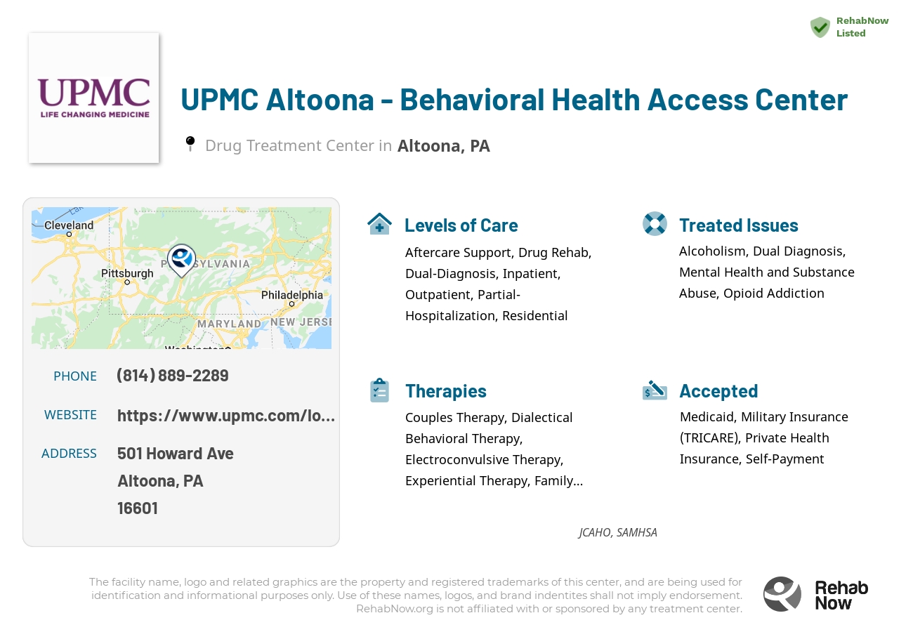 Helpful reference information for UPMC Altoona - Behavioral Health Access Center, a drug treatment center in Pennsylvania located at: 501 Howard Ave, Altoona, PA 16601, including phone numbers, official website, and more. Listed briefly is an overview of Levels of Care, Therapies Offered, Issues Treated, and accepted forms of Payment Methods.
