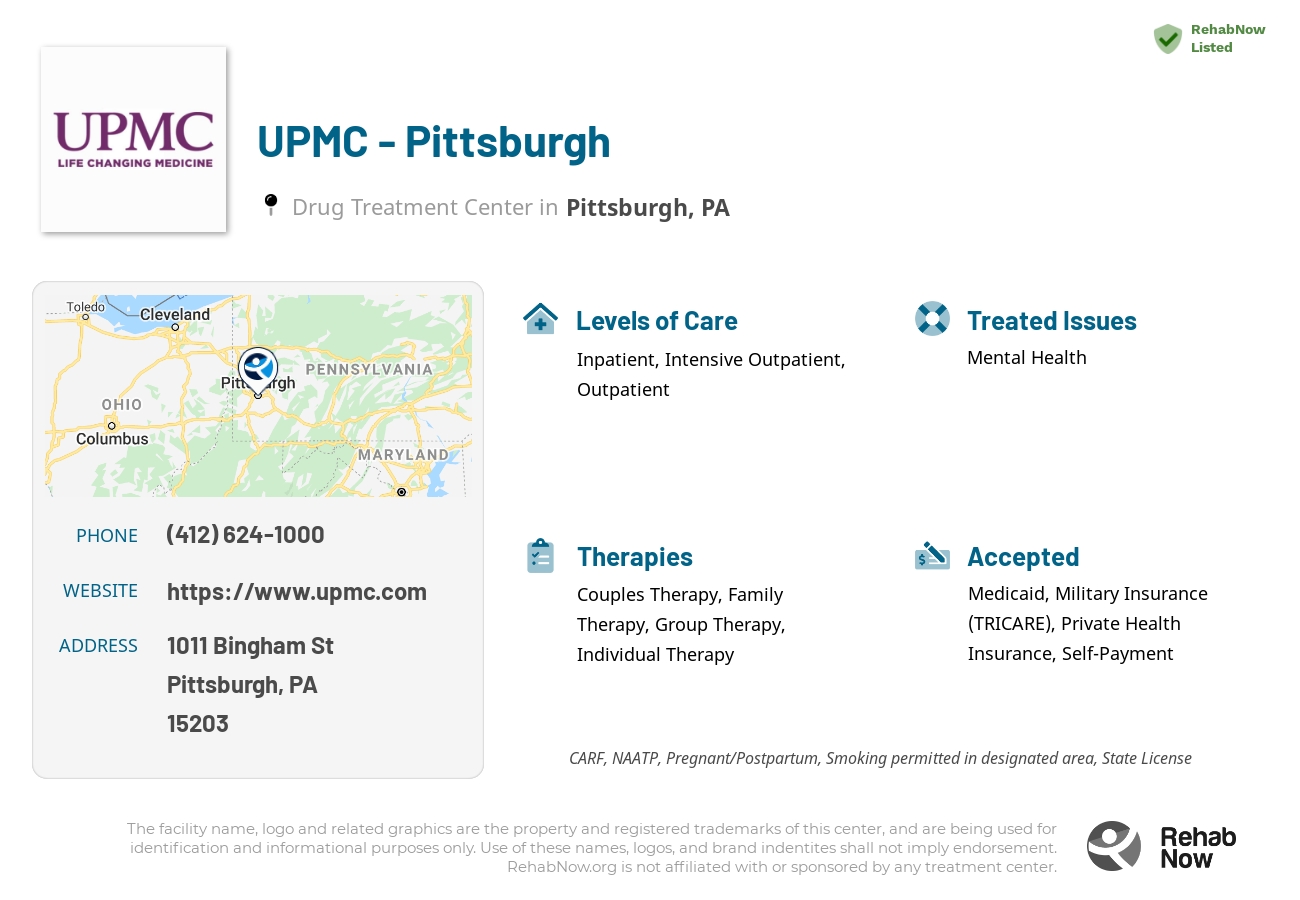 Helpful reference information for UPMC - Pittsburgh, a drug treatment center in Pennsylvania located at: 1011 Bingham St, Pittsburgh, PA 15203, including phone numbers, official website, and more. Listed briefly is an overview of Levels of Care, Therapies Offered, Issues Treated, and accepted forms of Payment Methods.