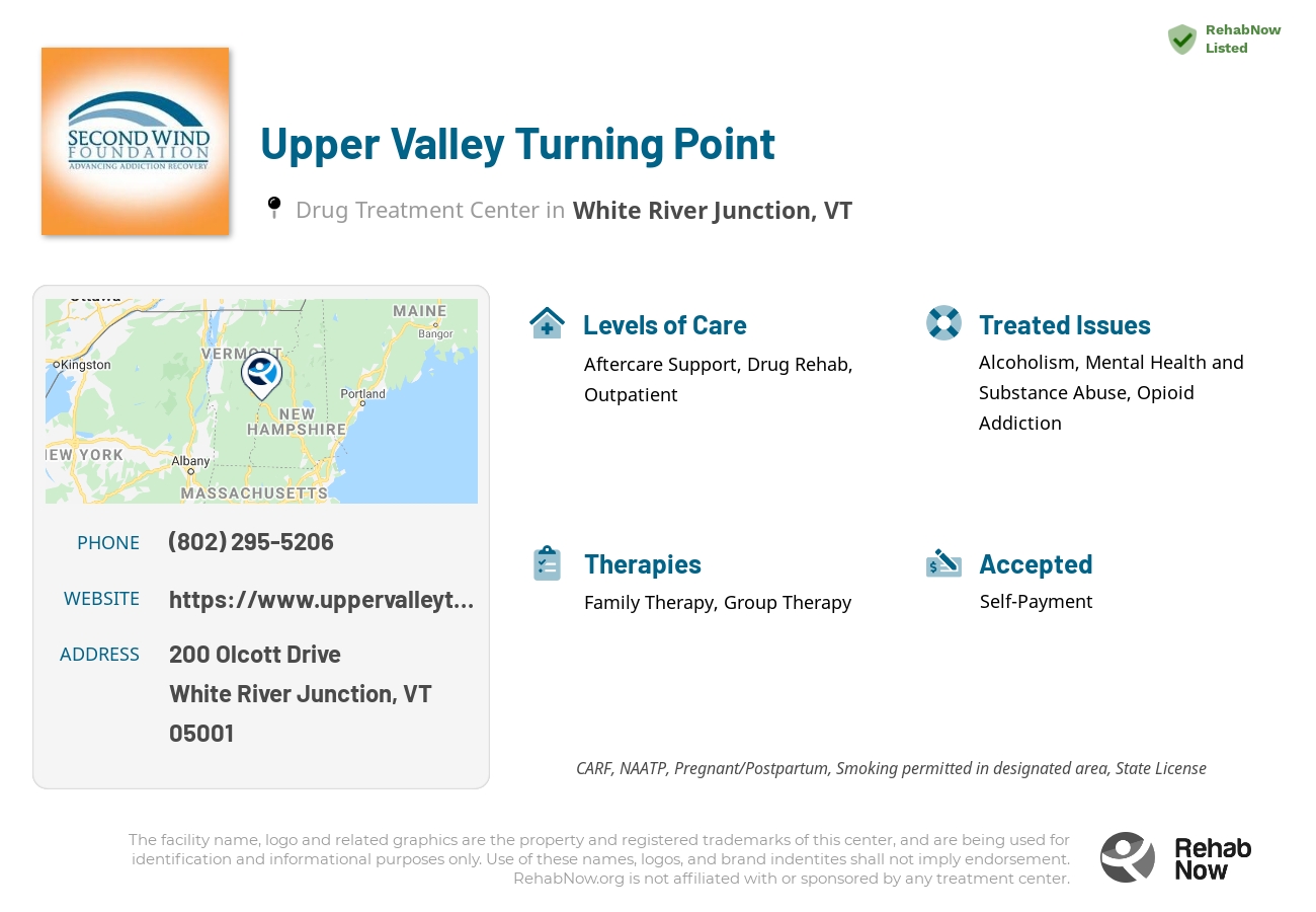 Helpful reference information for Upper Valley Turning Point, a drug treatment center in Vermont located at: 200 200 Olcott Drive, White River Junction, VT 05001, including phone numbers, official website, and more. Listed briefly is an overview of Levels of Care, Therapies Offered, Issues Treated, and accepted forms of Payment Methods.