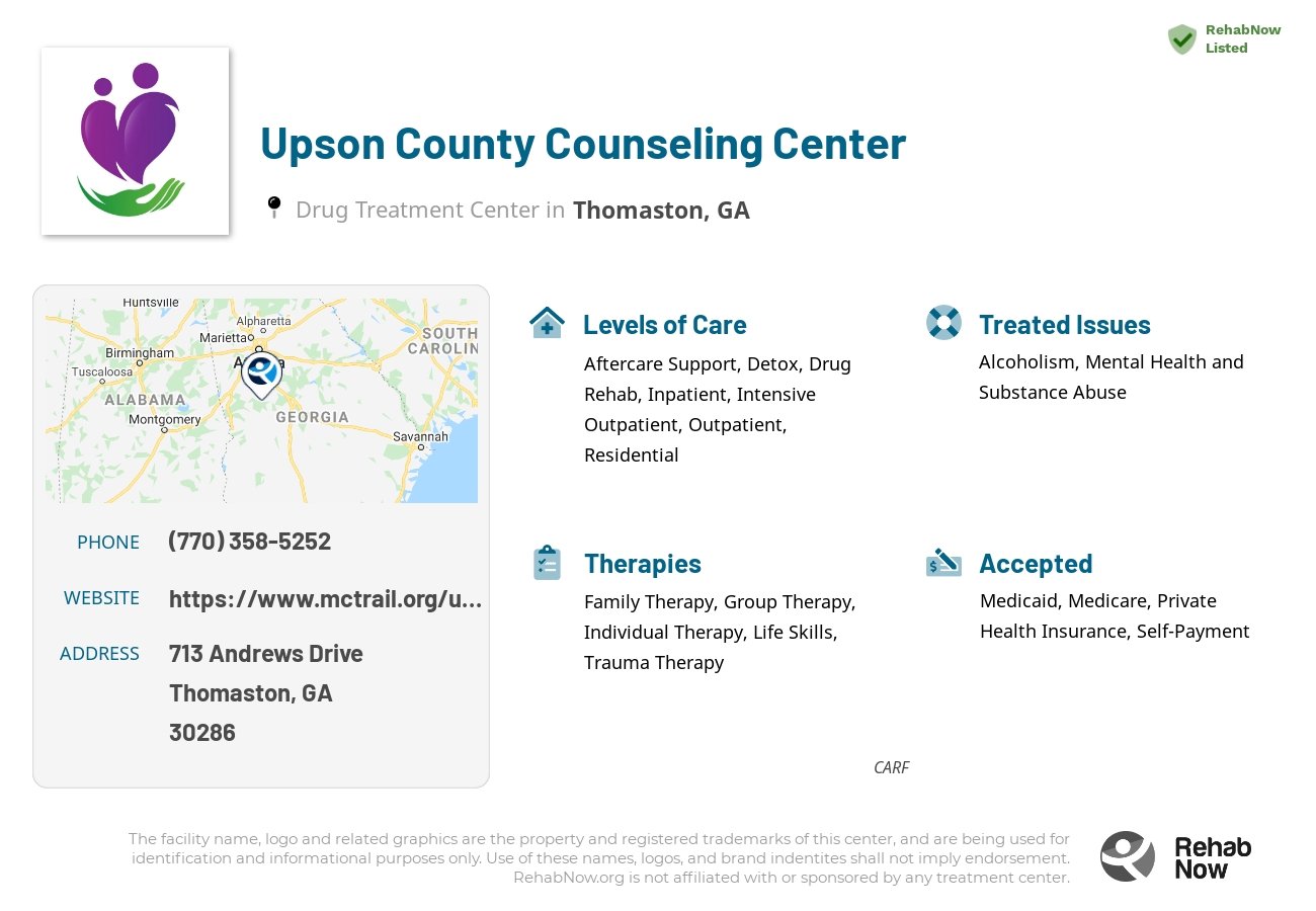 Helpful reference information for Upson County Counseling Center, a drug treatment center in Georgia located at: 713 713 Andrews Drive, Thomaston, GA 30286, including phone numbers, official website, and more. Listed briefly is an overview of Levels of Care, Therapies Offered, Issues Treated, and accepted forms of Payment Methods.
