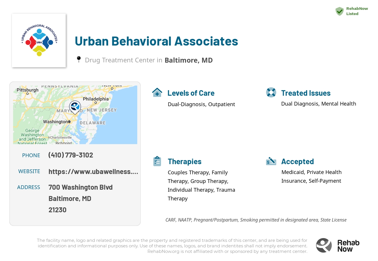 Helpful reference information for Urban Behavioral Associates, a drug treatment center in Maryland located at: 700 Washington Blvd, Baltimore, MD 21230, including phone numbers, official website, and more. Listed briefly is an overview of Levels of Care, Therapies Offered, Issues Treated, and accepted forms of Payment Methods.