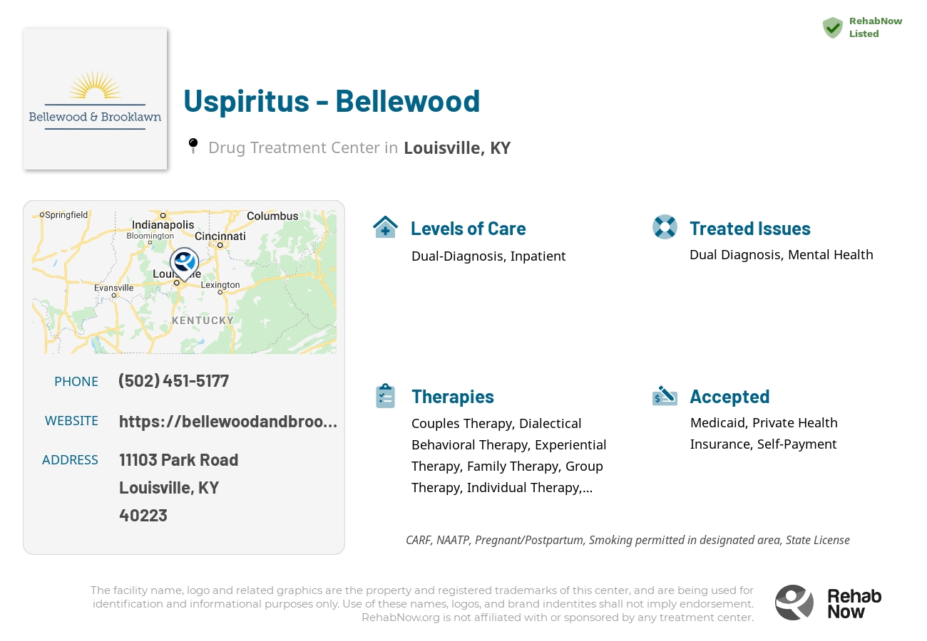 Helpful reference information for Uspiritus - Bellewood, a drug treatment center in Kentucky located at: 11103 Park Road, Louisville, KY, 40223, including phone numbers, official website, and more. Listed briefly is an overview of Levels of Care, Therapies Offered, Issues Treated, and accepted forms of Payment Methods.