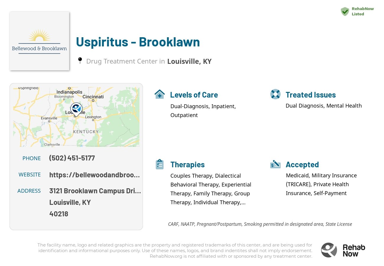 Helpful reference information for Uspiritus - Brooklawn, a drug treatment center in Kentucky located at: 3121 Brooklawn Campus Drive, Louisville, KY, 40218, including phone numbers, official website, and more. Listed briefly is an overview of Levels of Care, Therapies Offered, Issues Treated, and accepted forms of Payment Methods.
