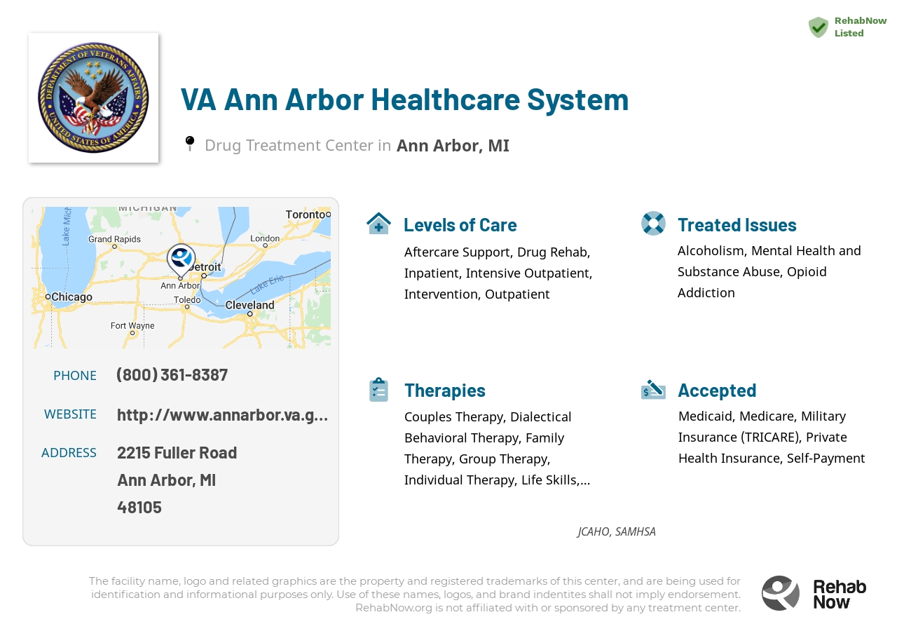 Helpful reference information for VA Ann Arbor Healthcare System, a drug treatment center in Michigan located at: 2215 Fuller Road, Ann Arbor, MI 48105, including phone numbers, official website, and more. Listed briefly is an overview of Levels of Care, Therapies Offered, Issues Treated, and accepted forms of Payment Methods.