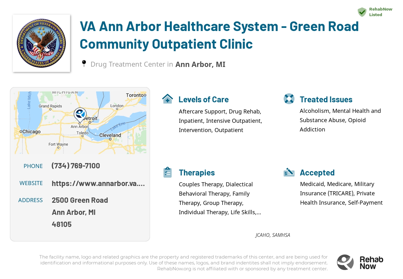 Helpful reference information for VA Ann Arbor Healthcare System - Green Road Community Outpatient Clinic, a drug treatment center in Michigan located at: 2500 Green Road, Ann Arbor, MI, 48105, including phone numbers, official website, and more. Listed briefly is an overview of Levels of Care, Therapies Offered, Issues Treated, and accepted forms of Payment Methods.