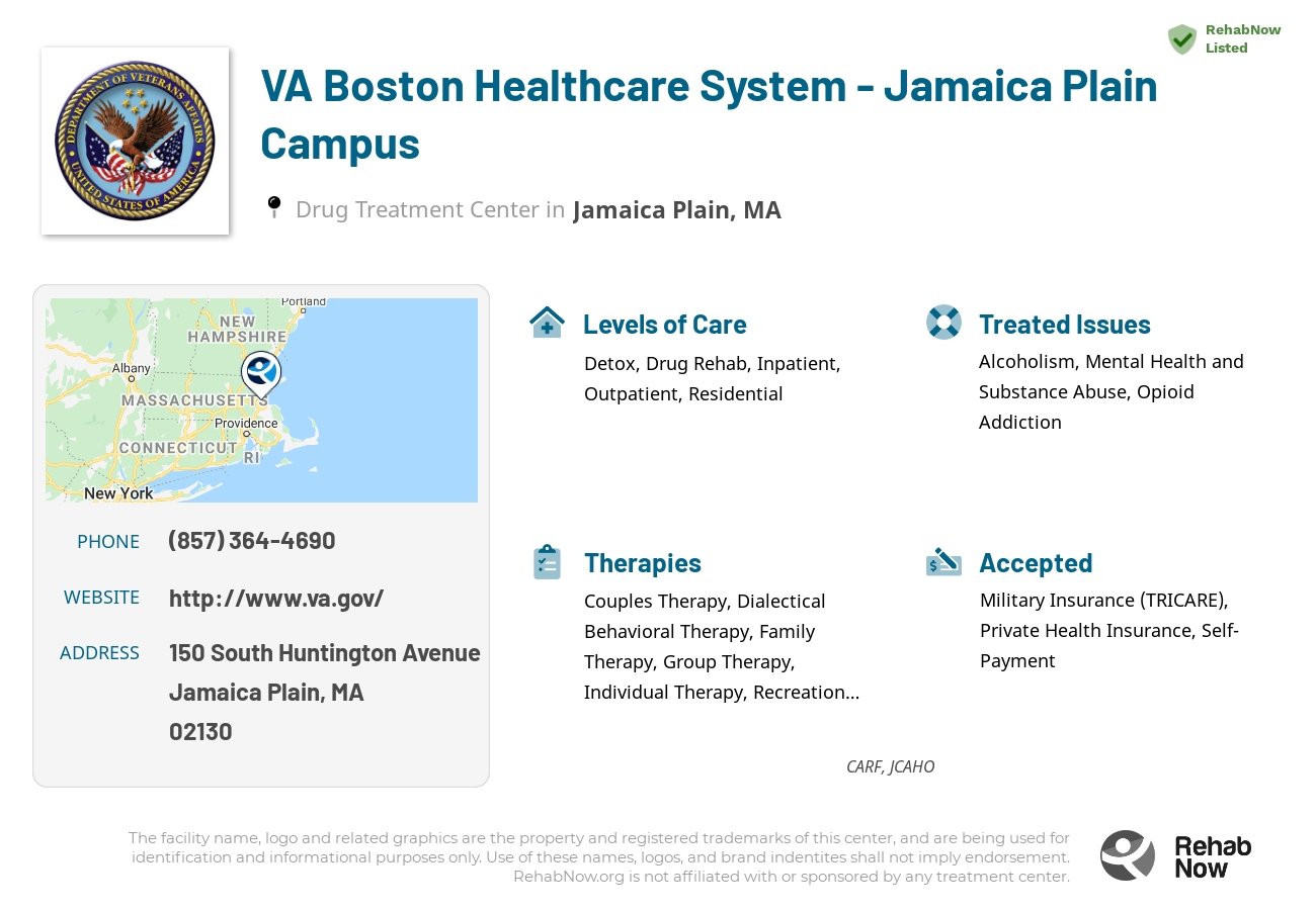 Helpful reference information for VA Boston Healthcare System - Jamaica Plain Campus, a drug treatment center in Massachusetts located at: 150 South Huntington Avenue, Jamaica Plain, MA, 02130, including phone numbers, official website, and more. Listed briefly is an overview of Levels of Care, Therapies Offered, Issues Treated, and accepted forms of Payment Methods.