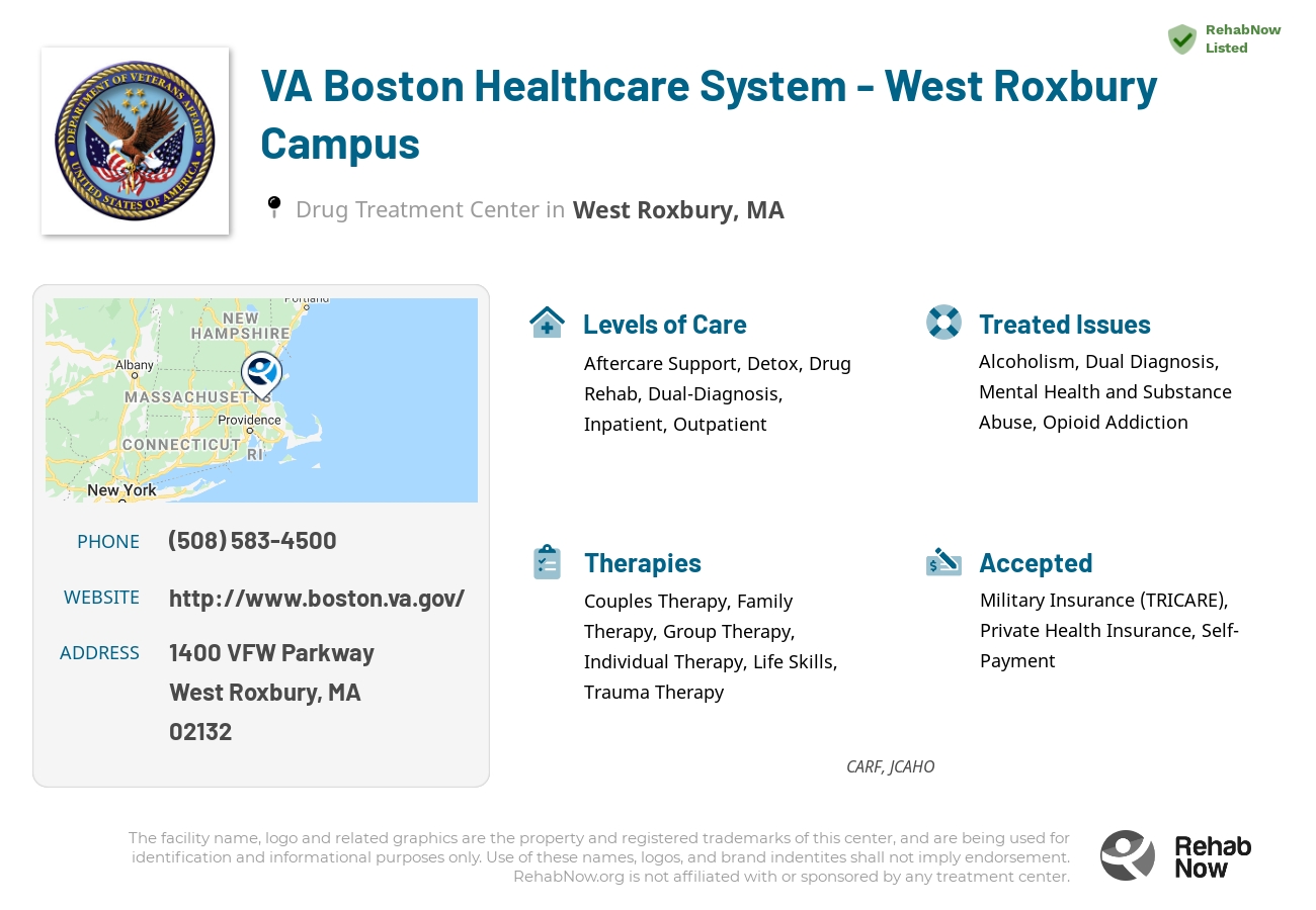 Helpful reference information for VA Boston Healthcare System - West Roxbury Campus, a drug treatment center in Massachusetts located at: 1400 VFW Parkway, West Roxbury, MA, 02132, including phone numbers, official website, and more. Listed briefly is an overview of Levels of Care, Therapies Offered, Issues Treated, and accepted forms of Payment Methods.