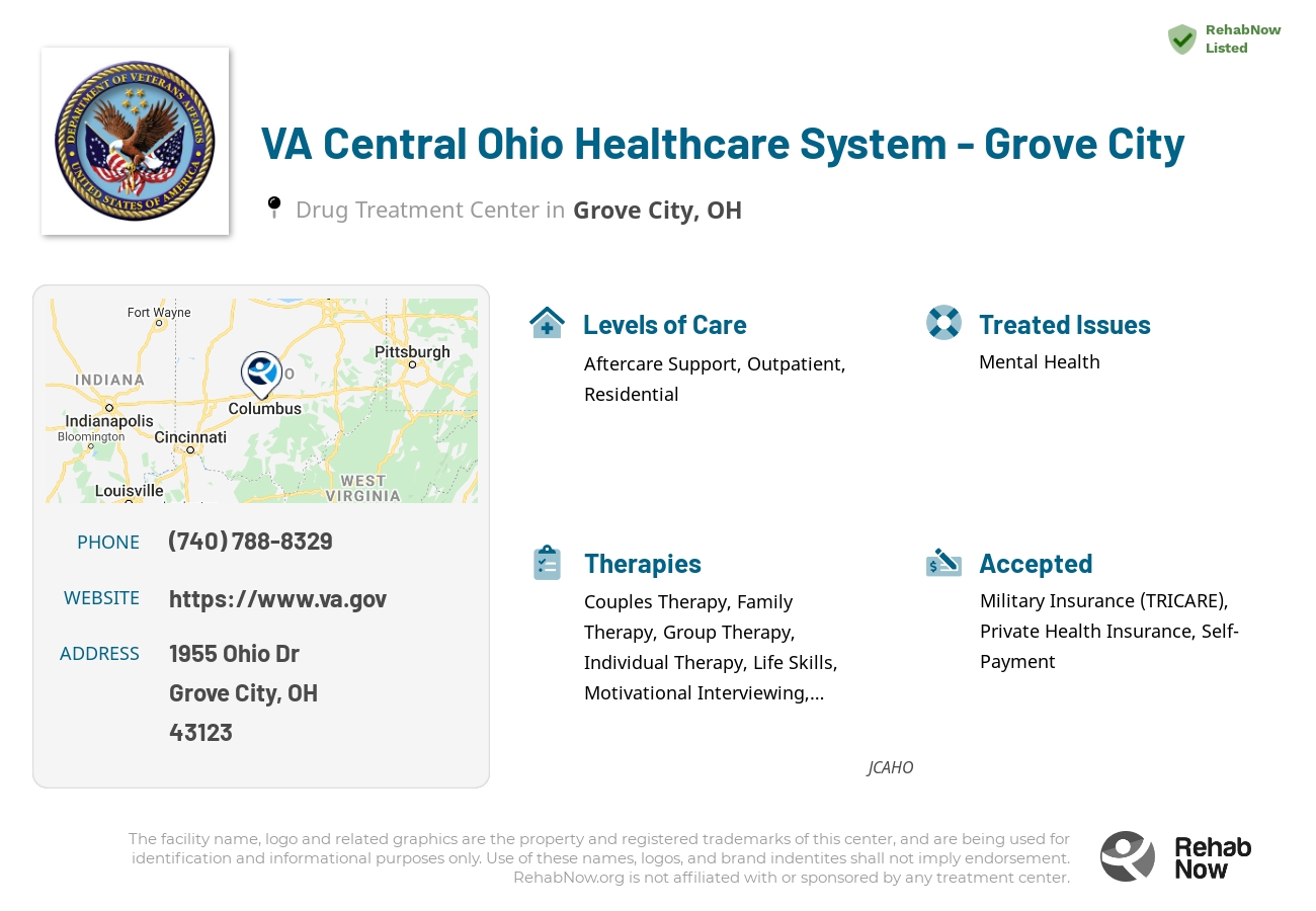 Helpful reference information for VA Central Ohio Healthcare System - Grove City, a drug treatment center in Ohio located at: 1955 Ohio Dr, Grove City, OH 43123, including phone numbers, official website, and more. Listed briefly is an overview of Levels of Care, Therapies Offered, Issues Treated, and accepted forms of Payment Methods.