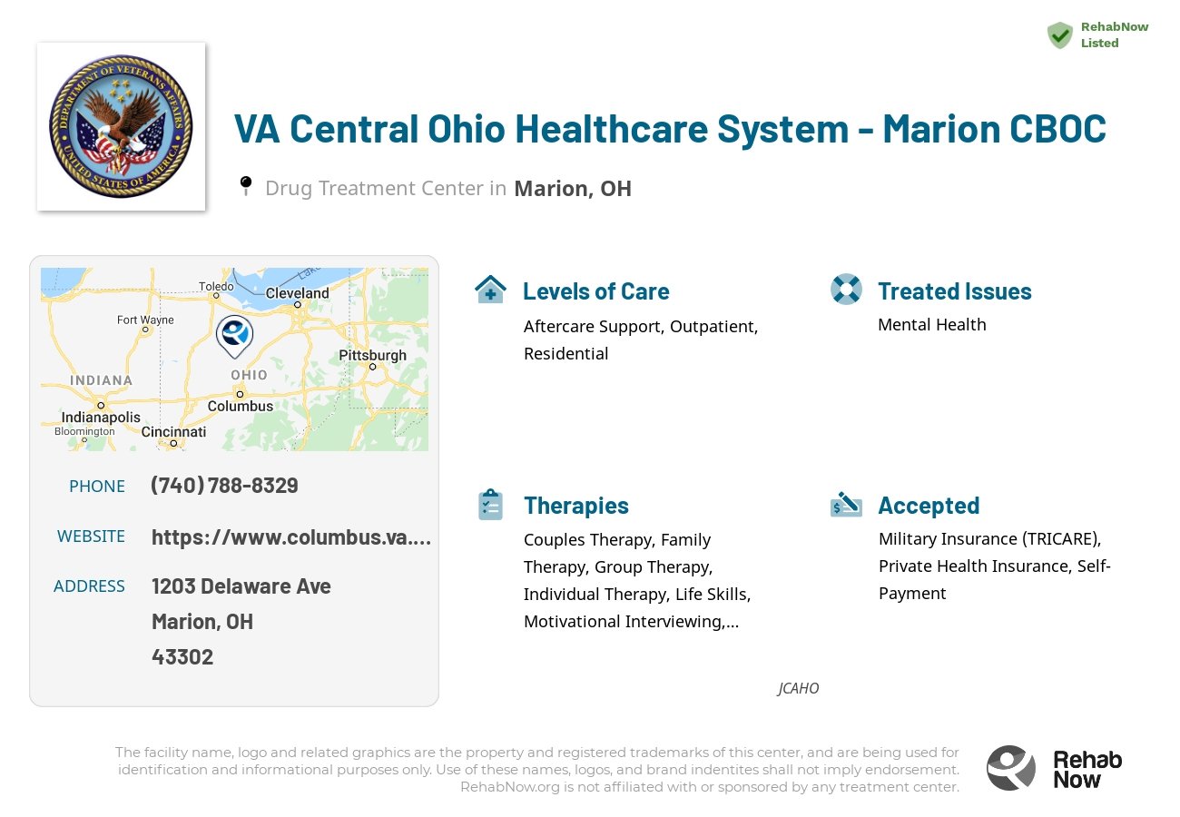 Helpful reference information for VA Central Ohio Healthcare System - Marion CBOC, a drug treatment center in Ohio located at: 1203 Delaware Ave, Marion, OH 43302, including phone numbers, official website, and more. Listed briefly is an overview of Levels of Care, Therapies Offered, Issues Treated, and accepted forms of Payment Methods.