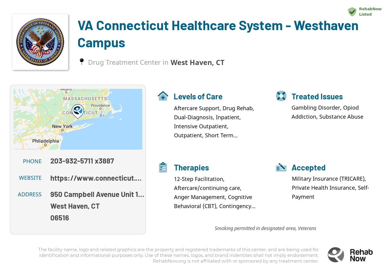 Helpful reference information for VA Connecticut Healthcare System - Westhaven Campus, a drug treatment center in Connecticut located at: 950 Campbell Avenue Unit 116-A3, West Haven, CT 06516, including phone numbers, official website, and more. Listed briefly is an overview of Levels of Care, Therapies Offered, Issues Treated, and accepted forms of Payment Methods.