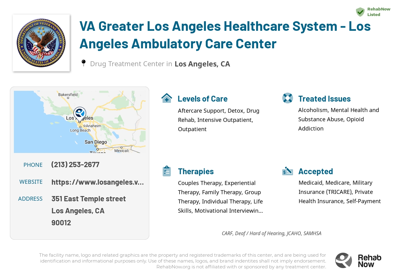Helpful reference information for VA Greater Los Angeles Healthcare System - Los Angeles Ambulatory Care Center, a drug treatment center in California located at: 351 East Temple street, Los Angeles, CA, 90012, including phone numbers, official website, and more. Listed briefly is an overview of Levels of Care, Therapies Offered, Issues Treated, and accepted forms of Payment Methods.