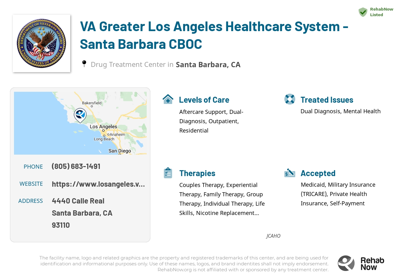 Helpful reference information for VA Greater Los Angeles Healthcare System - Santa Barbara CBOC, a drug treatment center in California located at: 4440 Calle Real, Santa Barbara, CA 93110, including phone numbers, official website, and more. Listed briefly is an overview of Levels of Care, Therapies Offered, Issues Treated, and accepted forms of Payment Methods.