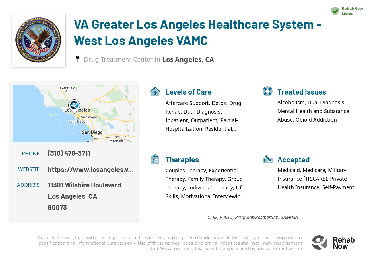 Helpful reference information for VA Greater Los Angeles Healthcare System - West Los Angeles VAMC, a drug treatment center in California located at: 11301 Wilshire Boulevard, Los Angeles, CA, 90073, including phone numbers, official website, and more. Listed briefly is an overview of Levels of Care, Therapies Offered, Issues Treated, and accepted forms of Payment Methods.