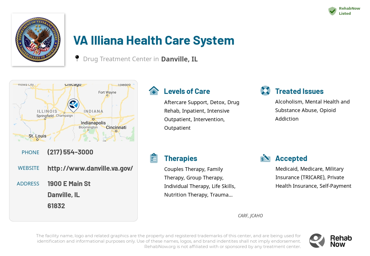 Helpful reference information for VA Illiana Health Care System, a drug treatment center in Illinois located at: 1900 E Main St, Danville, IL 61832, including phone numbers, official website, and more. Listed briefly is an overview of Levels of Care, Therapies Offered, Issues Treated, and accepted forms of Payment Methods.
