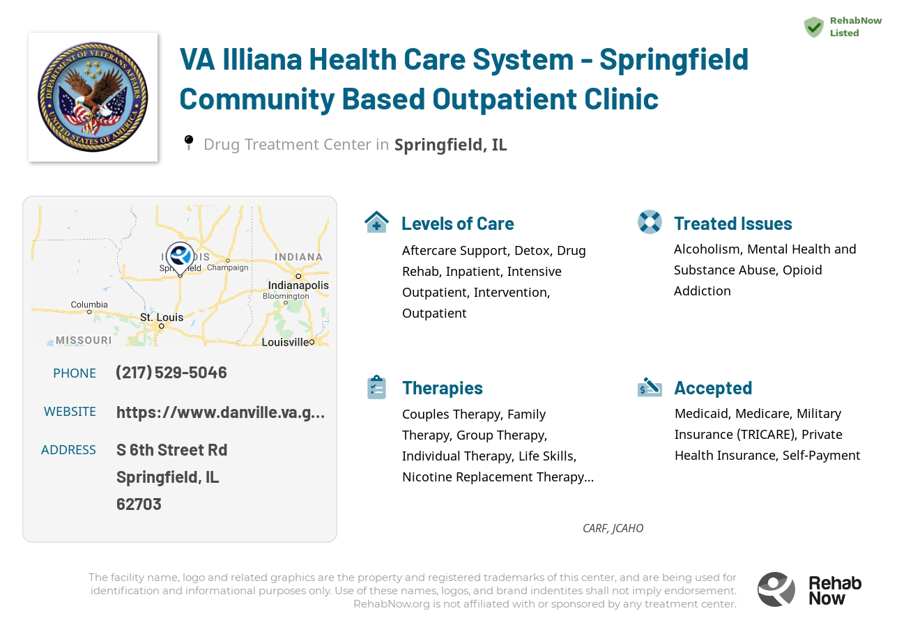 Helpful reference information for VA Illiana Health Care System - Springfield Community Based Outpatient Clinic, a drug treatment center in Illinois located at: S 6th Street Rd, Springfield, IL 62703, including phone numbers, official website, and more. Listed briefly is an overview of Levels of Care, Therapies Offered, Issues Treated, and accepted forms of Payment Methods.
