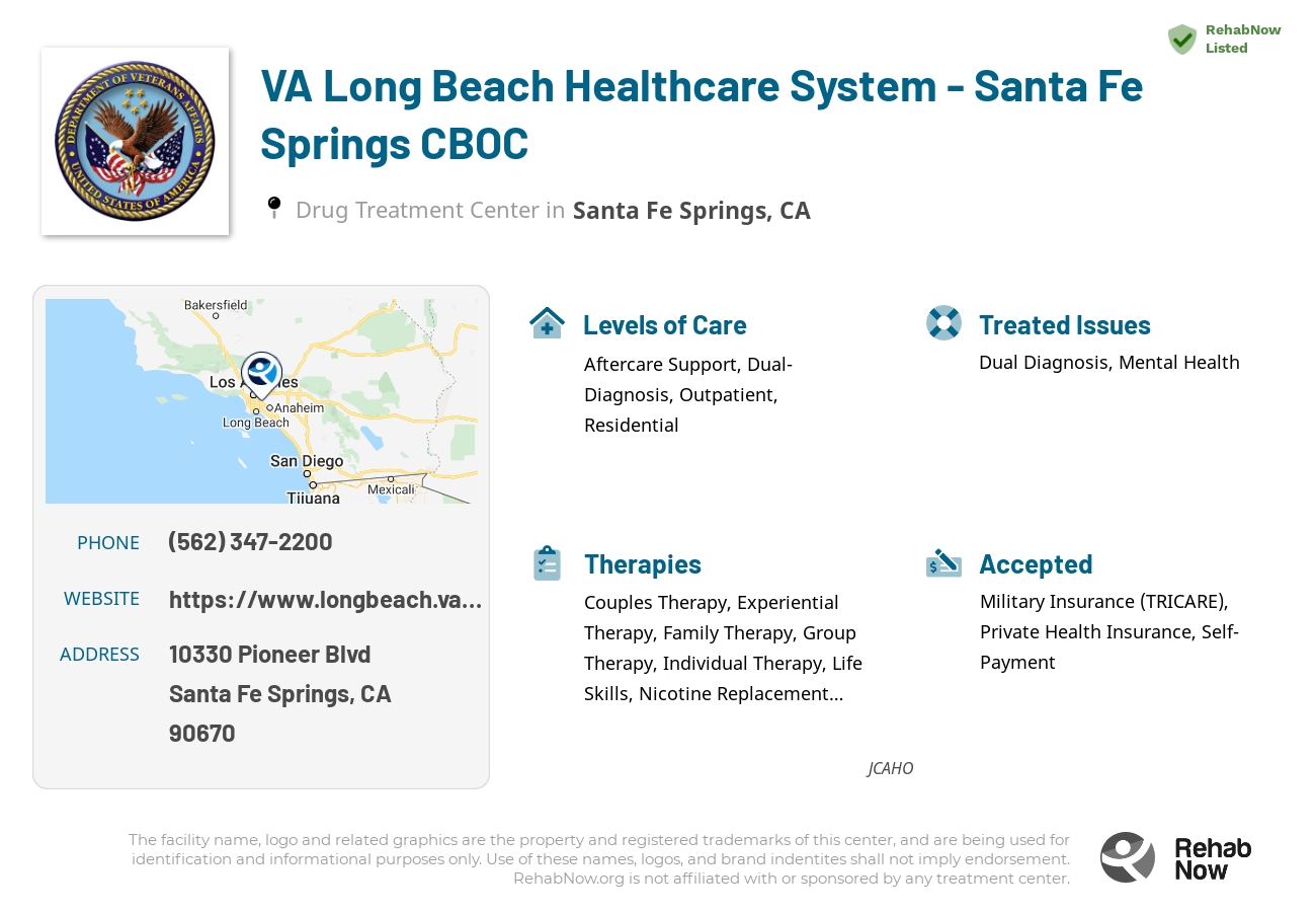Helpful reference information for VA Long Beach Healthcare System - Santa Fe Springs CBOC, a drug treatment center in California located at: 10330 Pioneer Blvd, Santa Fe Springs, CA 90670, including phone numbers, official website, and more. Listed briefly is an overview of Levels of Care, Therapies Offered, Issues Treated, and accepted forms of Payment Methods.