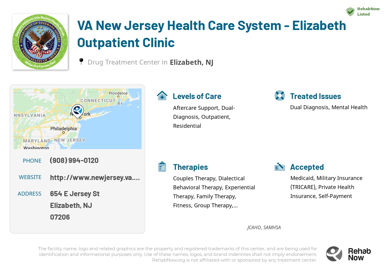Helpful reference information for VA New Jersey Health Care System - Elizabeth Outpatient Clinic, a drug treatment center in New Jersey located at: 654 E Jersey St, Elizabeth, NJ 07206, including phone numbers, official website, and more. Listed briefly is an overview of Levels of Care, Therapies Offered, Issues Treated, and accepted forms of Payment Methods.